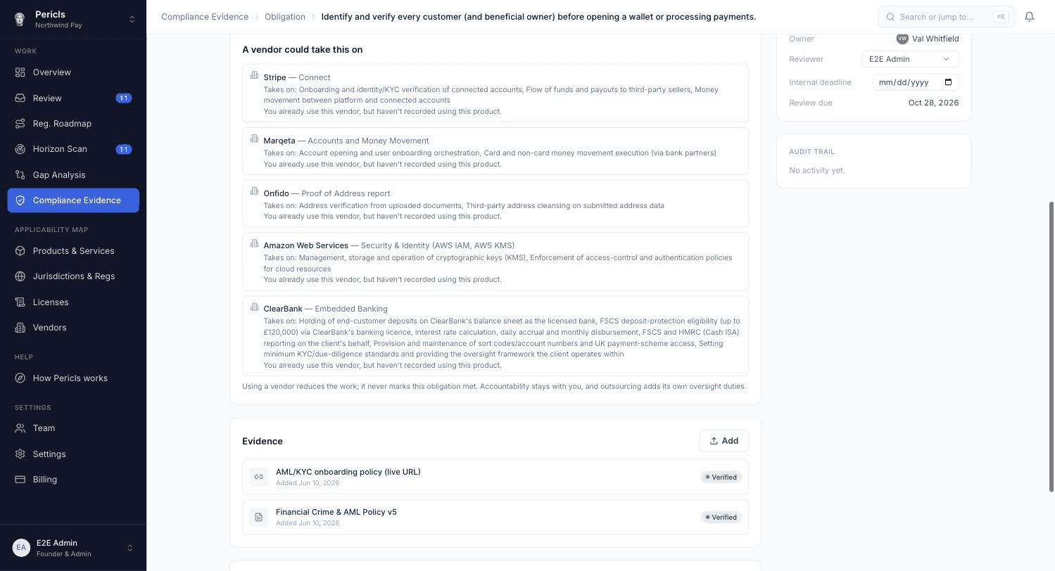 Pericls Compliance Evidence - an obligation with its verified policies attached, a named reviewer and review date, above the vendors that could take the control on