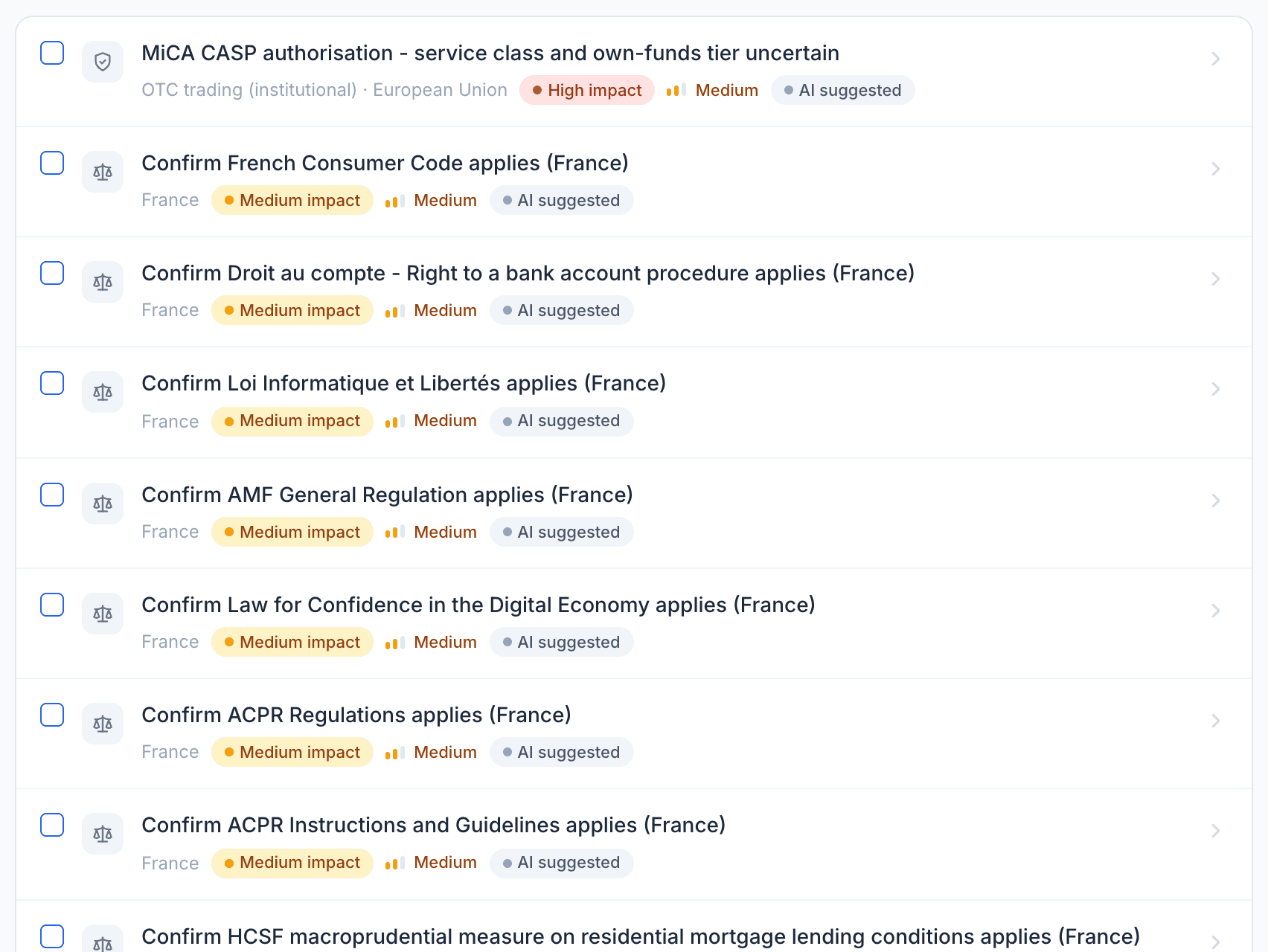 Pericls Review inbox — AI-suggested applicability decisions ranked by business impact