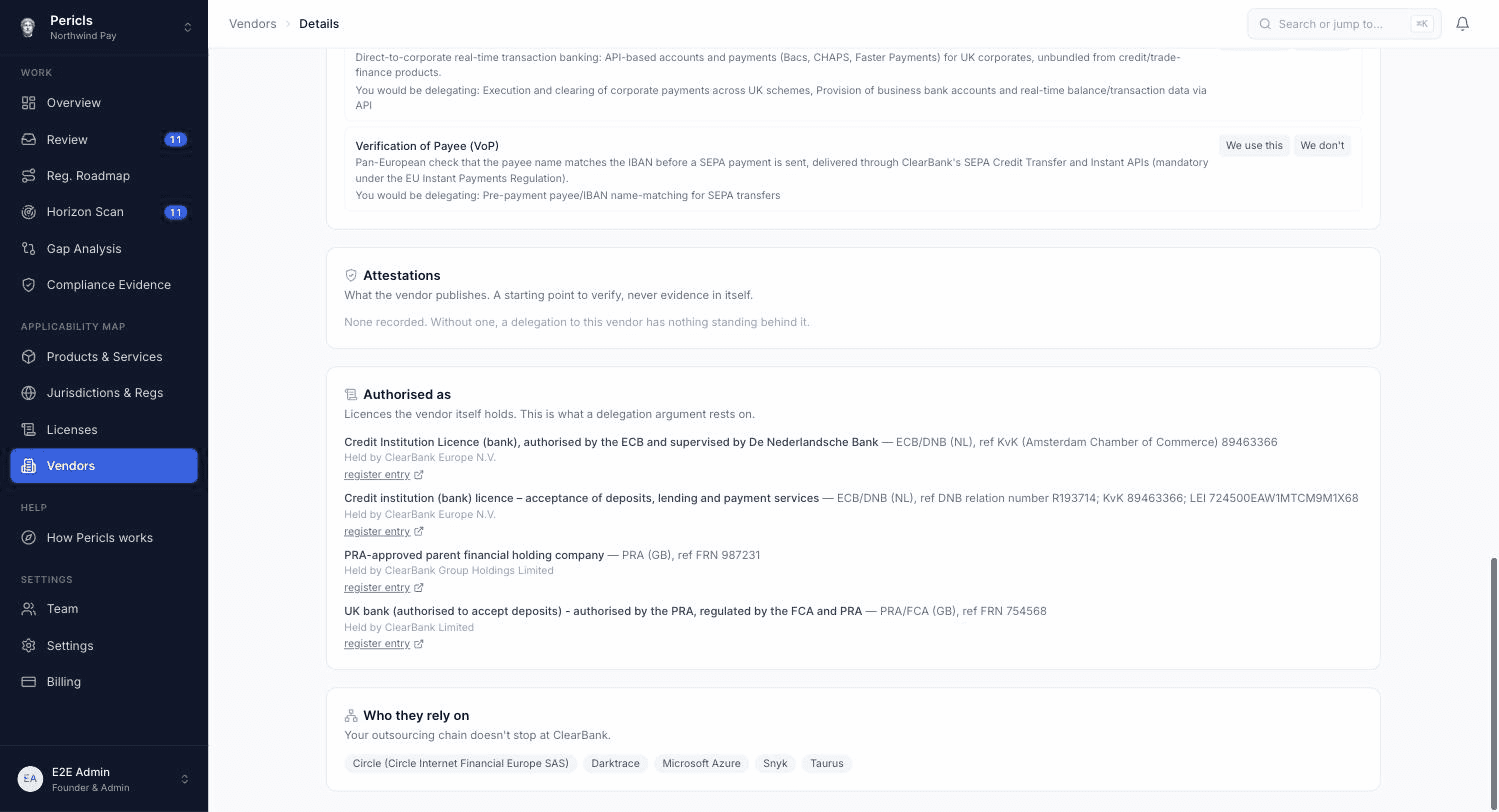 Pericls vendor detail - the authorisations ClearBank itself holds, each with its register reference and the group entity that holds it, above the sub-vendors it depends on